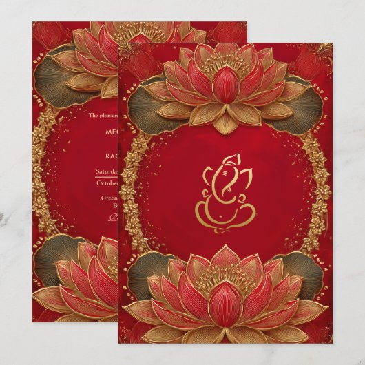 Rood Goud Ganesha Indische Etnische Lotus Huwelijk Kaart (Voorkant / Achterkant)