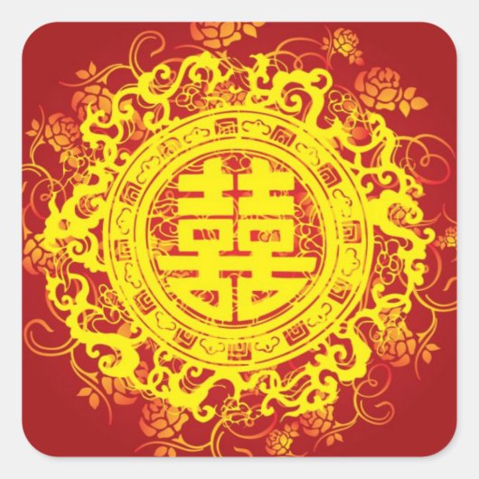 Rood Goud Geel Dubbel Geluk Chinese Bruiloft Vierkante Sticker (Voorkant)