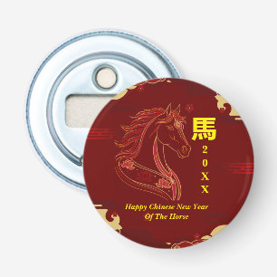 Rood & Goud Gelukkig Chinees jaar van het Paard Button Flesopener