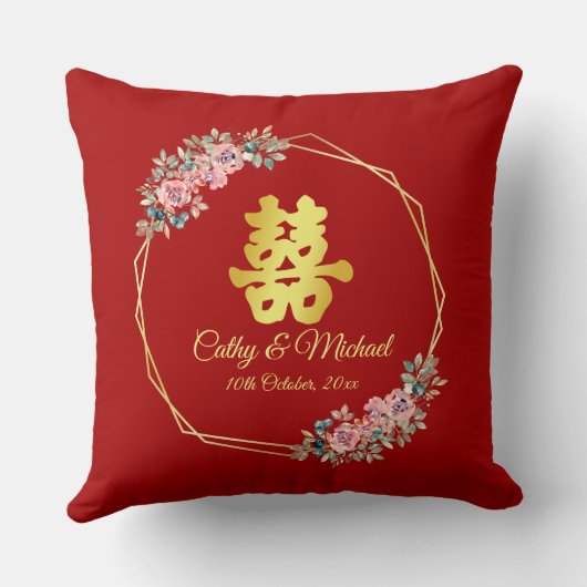 Rood goud geometrische bloemenkrans Chinese bruilo Kussen (Achterkant)