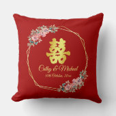 Rood goud geometrische bloemenkrans Chinese bruilo Kussen (Voorkant)