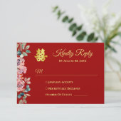 Rood goud geometrische bloemenkrans Chinese bruilo RSVP Kaartje (Staand voorkant)