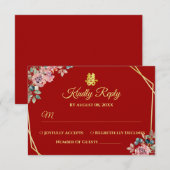 Rood goud geometrische bloemenkrans Chinese bruilo RSVP Kaartje (Voorkant / Achterkant)