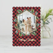 Rood Goud Geplaagd Holly Sneeuw Foto Vrolijk Kerst Feestdagenkaart (Staand voorkant)