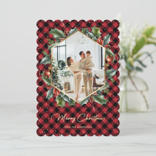 Rood Goud Geplaagd Holly Sneeuw Foto Vrolijk Kerst Feestdagenkaart (Staand voorkant)