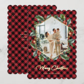 Rood Goud Geplaagd Holly Sneeuw Foto Vrolijk Kerst Feestdagenkaart (Voorkant / Achterkant)