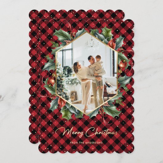 Rood Goud Geplaagd Holly Sneeuw Foto Vrolijk Kerst Feestdagenkaart (Voorkant / Achterkant)