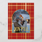 Rood & Goud Geruit Kerstvakantie Foto Folie Feestdagenkaart (Voorkant)