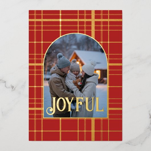 Rood & Goud Geruit Kerstvakantie Foto Folie Feestdagenkaart (Voorkant)