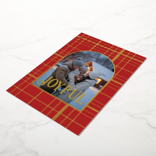 Rood & Goud Geruit Kerstvakantie Foto Folie Feestdagenkaart (Gedraaid)