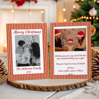 Rood & Goud Gestreepte Prettig Kerstmis Familie Fo Feestdagenkaart