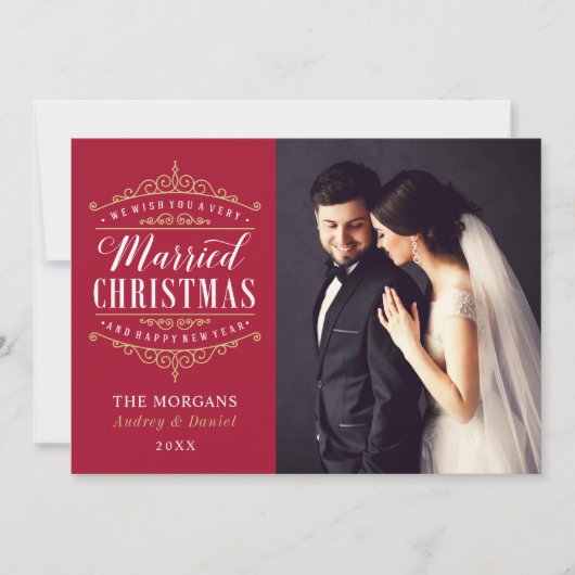  rood goud getrouwd kerst bruiloft foto feestdagenkaart (Voorkant)