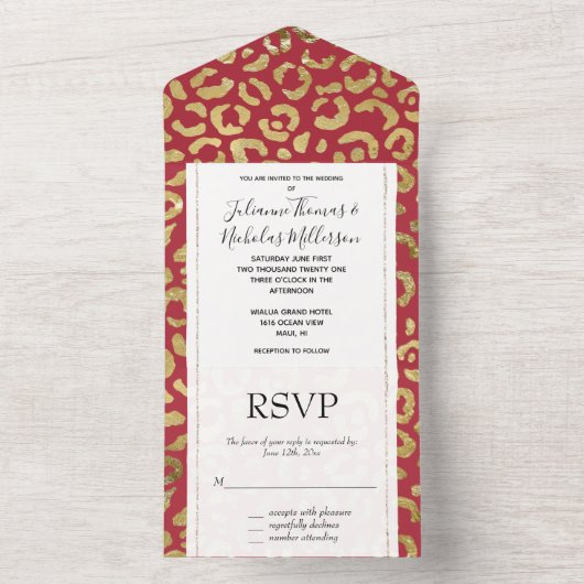 Rood Goud Glam Luipaard Print All In One Uitnodiging (Binnen)