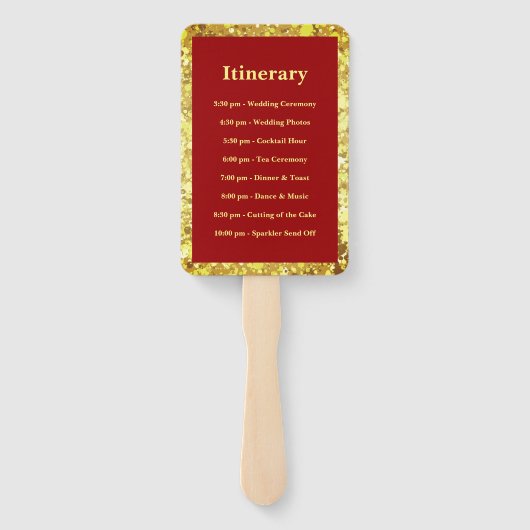 Rood goud glitter dubbel geluk bruiloft programma handwaaier (Achterkant)