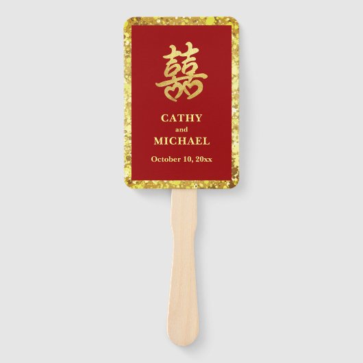 Rood goud glitter dubbel geluk bruiloft programma handwaaier (Voorkant)