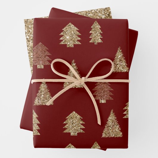 Rood Goud Glitter Glam Kerstbomen Inpakpapier Vel (In situ)