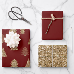 Rood Goud Glitter Glam Kerstbomen Inpakpapier Vel