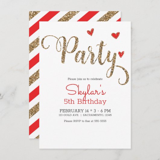 Rood & Goud Glitter Hart Valentijnsdag Feest Kaart (Voorkant / Achterkant)