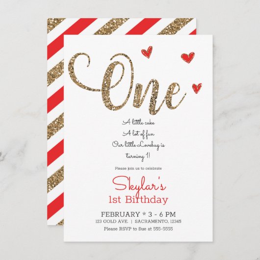 Rood & Goud Glitter Harten 1e 1 Verjaardag ONE Uit Kaart (Voorkant / Achterkant)