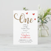 Rood & Goud Glitter Harten 1e 1 Verjaardag ONE Uit Kaart (Staand voorkant)