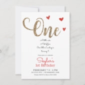 Rood & Goud Glitter Harten 1e 1 Verjaardag ONE Uit Kaart (Voorkant)