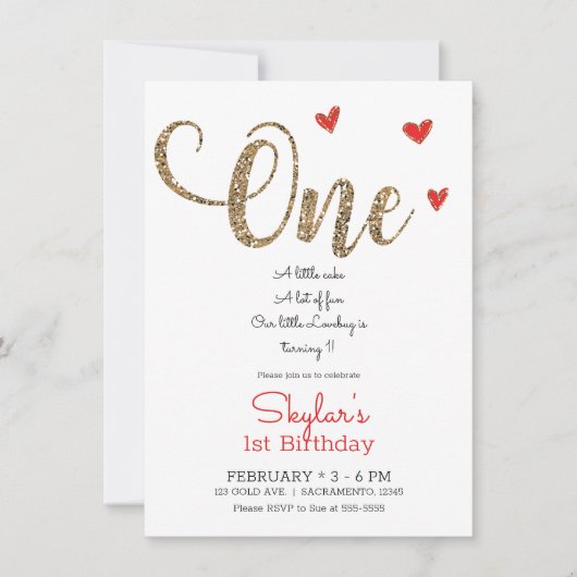 Rood & Goud Glitter Harten 1e 1 Verjaardag ONE Uit Kaart (Voorkant)
