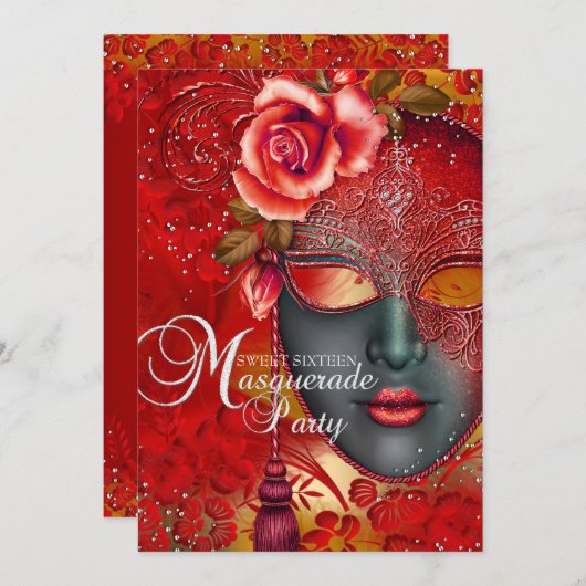 Rood & Goud Glitter Maskerade Sweet 16 Uitnodiging (Voorkant / Achterkant)