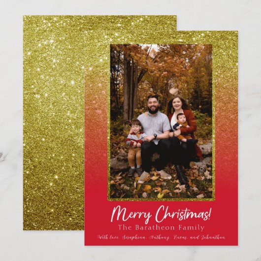 Rood Goud Glitter Persoonlijke Familie Kerstmis Feestdagenkaart (Voorkant / Achterkant)