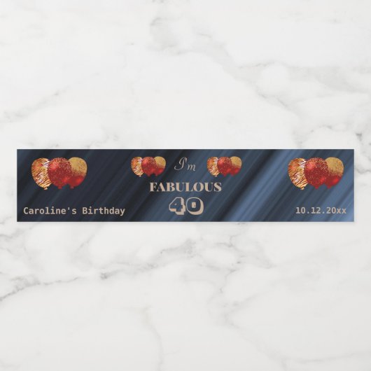 Rood Goud & Glitter Rode Ballonnen Fabulous 40th Waterfles Etiket (Enkel label)