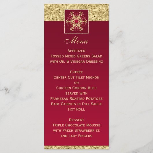 Rood, Goud Glitter Sneeuwvlokken Bruiloft Menu Kaa (Achterkant)