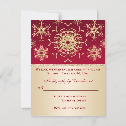 Rood, Goud Glitter UITZICHT Sneeuwvlokken RSVP Kaa Kaartje (Achterkant)