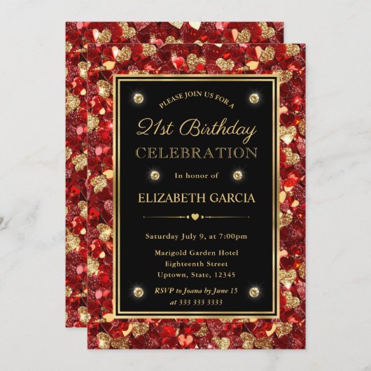 Rood & Goud Glitter Valentijn Harten 21e Verjaarda Kaart (Voorkant / Achterkant)
