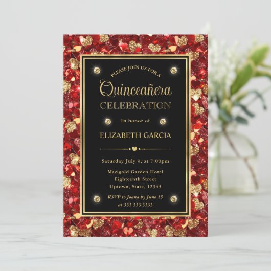 Rood & Goud Glitter Valentijn Harten Quinceanera Kaart (Staand voorkant)