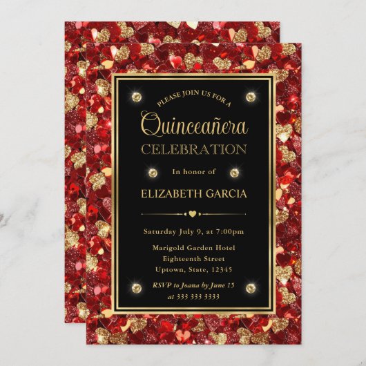 Rood & Goud Glitter Valentijn Harten Quinceanera Kaart (Voorkant / Achterkant)