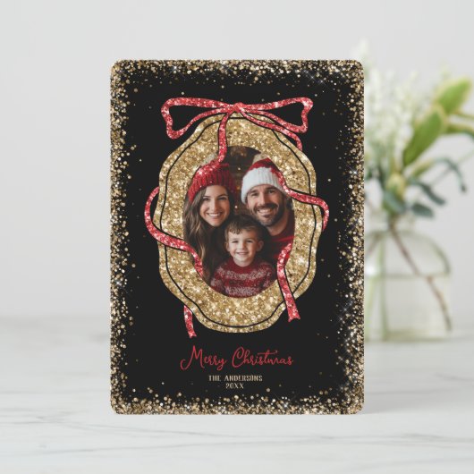 Rood Goud Glitter Vrolijk Kerstfeest Familiefoto Kaart (Staand voorkant)