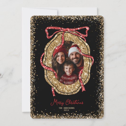 Rood Goud Glitter Vrolijk Kerstfeest Familiefoto Kaart (Voorkant)