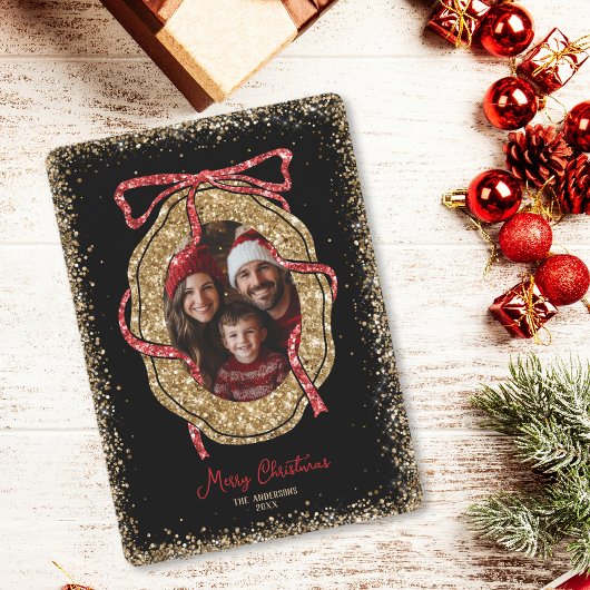 Rood Goud Glitter Vrolijk Kerstfeest Familiefoto Kaart