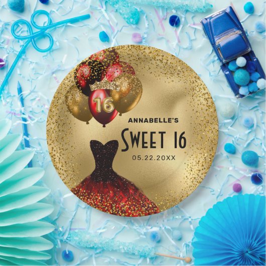 Rood Goud Glitter Zoet 16 Papieren Bordje (Feest)