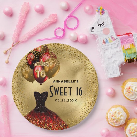 Rood Goud Glitter Zoet 16 Papieren Bordje (Feest)