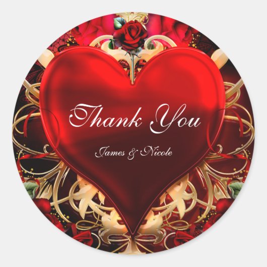 Rood & Goud Gothic Liefde Hart Bruiloft Favor Ronde Sticker (Voorkant)