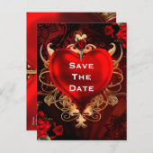 Rood & Goud Gotische Hart Huwelijk Save the Date Aankondigingskaart (Voorkant / Achterkant)