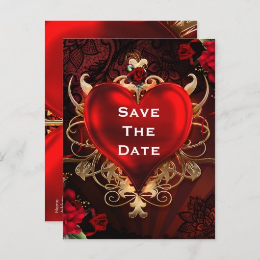 Rood & Goud Gotische Hart Huwelijk Save the Date Aankondigingskaart (Voorkant / Achterkant)