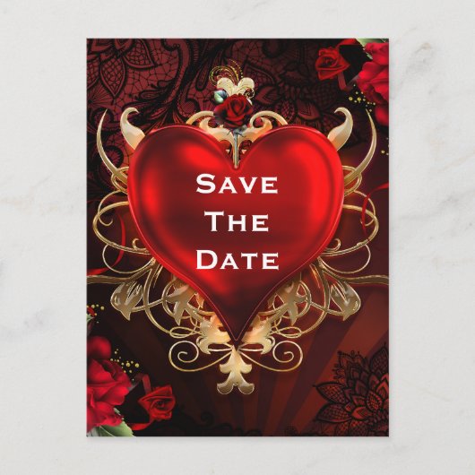 Rood & Goud Gotische Hart Huwelijk Save the Date Aankondigingskaart (Voorkant)