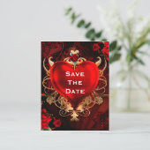 Rood & Goud Gotische Hart Huwelijk Save the Date Aankondigingskaart (Staand voorkant)