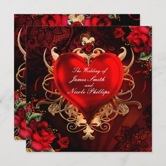 Rood & Goud Gotische Liefde Romance Hart Wedding Kaart (Voorkant / Achterkant)