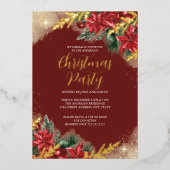 Rood Goud Groen Bladgroen Kerstfeest Folie Uitnodiging (Voorkant)