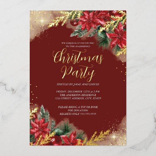 Rood Goud Groen Bladgroen Kerstfeest Folie Uitnodiging (Voorkant)