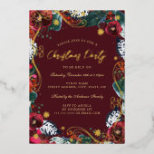 Rood Goud Groen Bloemen Werveltje Kerstfeest Folie Uitnodiging (Voorkant)