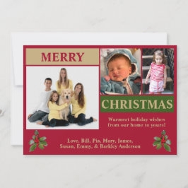 Rood, Goud, & Groen Modern 3 Foto Kerstmis Kaart