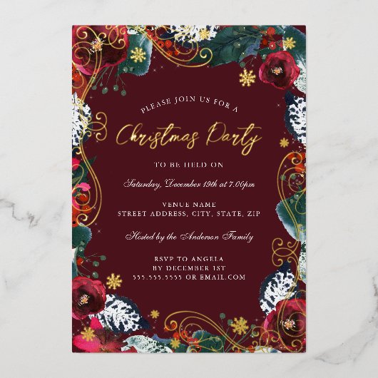 Rood Goud Groen Wit Bloemen Werveltje Kerstfeest Folie Uitnodiging (Voorkant)